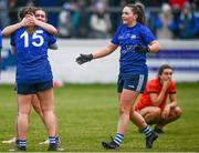 3 December 2023; Claremorris players, from right, Rebecca Kean, Alana Fitzpatrick and Laura Kelly after their side's victory in the Currentaccount.ie All-Ireland Ladies Junior Club Championship semi-final match between Claremorris of Mayo and Lavey of Derry at Canon Gibbons Park, Claremorris, Mayo. Photo by Harry Murphy/Sportsfile