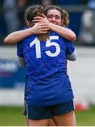 3 December 2023; Laura Kelly, 15, Alana Fitzpatrick of Claremorris embrace after their side's victory in the Currentaccount.ie All-Ireland Ladies Junior Club Championship semi-final match between Claremorris of Mayo and Lavey of Derry at Canon Gibbons Park, Claremorris, Mayo. Photo by Harry Murphy/Sportsfile