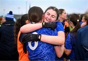 3 December 2023; Deirbhile Horkan, right, and Síomha McNulty of Claremorris embrace after their side's victory in the Currentaccount.ie All-Ireland Ladies Junior Club Championship semi-final match between Claremorris of Mayo and Lavey of Derry at Canon Gibbons Park, Claremorris, Mayo. Photo by Harry Murphy/Sportsfile