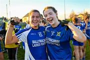 3 December 2023; Sadhbh Hallinan of Ballymacarbry, left, and team-mate Bríd McMaugh celebrate after their side's victory in the Currentaccount.ie All-Ireland Ladies Senior Club Championship semi-final match between Clann Éireann of Armagh and Ballymacarbry of Waterford at Clann Éireann GAC, Armagh. Photo by Tyler Miller/Sportsfile
