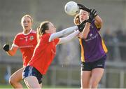 3 December 2023; Grace Kos of Kilmacud Crokes in action against Lynsey Noone of Kilkerrin-Clonberne during the Currentaccount.ie All-Ireland Ladies Senior Club Championship semi-final match between Kilmacud Crokes of Dublin and Kilkerrin-Clonberne of Galway at Parnell Park, Dublin. Photo by Matt Browne/Sportsfile
