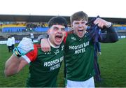 3 December 2023; St Brigid's players Seán Trundle, left, and Pearse Frost celebrate after their side's victory in the AIB Connacht GAA Football Senior Club Championship final between St Brigid's, Roscommon, and Corofin, Galway, at Dr Hyde Park in Roscommon. Photo by Piaras Ó Mídheach/Sportsfile