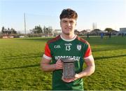 3 December 2023; Ben O'Connor of St Brigid's with his AIB man of the match award after his side's victory in the AIB Connacht GAA Football Senior Club Championship final between St Brigid's, Roscommon, and Corofin, Galway, at Dr Hyde Park in Roscommon. Photo by Piaras Ó Mídheach/Sportsfile