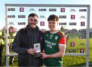 3 December 2023; Ben O'Connor of St Brigid's is with his AIB man of the match award by Cian Harmon of AIB after his side's victory in the AIB Connacht GAA Football Senior Club Championship final between St Brigid's, Roscommon, and Corofin, Galway, at Dr Hyde Park in Roscommon. Photo by Piaras Ó Mídheach/Sportsfile