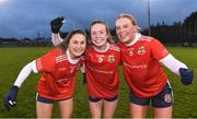 3 December 2023; Kilkerrin-Clonberne players, from left, Chloe Costello, Hannah Noone and Katelyn Mee celebrate after the Currentaccount.ie All-Ireland Ladies Senior Club Championship semi-final match between Kilmacud Crokes of Dublin and Kilkerrin-Clonberne of Galway at Parnell Park, Dublin. Photo by Matt Browne/Sportsfile