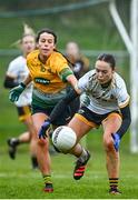 3 December 2023; Emma Regan of Na Fianna in action against Ally McCarthy of Glanmire during the Currentaccount.ie LGFA All-Ireland Intermediate Club Championship semi-final match between Glanmire, Cork, and Na Fianna, Meath, at Mallow GAA Grounds in Mallow, Cork. Photo by Eóin Noonan/Sportsfile