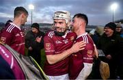 3 December 2023; Ronan McAteer, left, and Liam Gillan of Ruairí Óg celebrate after the AIB Ulster GAA Hurling Senior Club Championship final match between Ruairi Óg, Antrim, and Slaughtneil, Derry, at Páirc Esler in Newry, Down. Photo by Ben McShane/Sportsfile