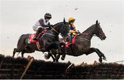 3 December 2023; Foxy Girl, left, with Rachael Blackmore up, and Conyers Hill, right, with Sean O'Keeffe up, during the Bar One Racing Handicap Hurdle on day two of the Fairyhouse Winter Festival at Fairyhouse Racecourse in Ratoath, Meath. Photo by Seb Daly/Sportsfile