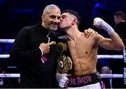 2 December 2023; Jordan Gill, right, after his super-featherweight bout against Michael Conlan at the SSE Arena in Belfast. Photo by Ramsey Cardy/Sportsfile