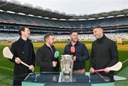 4 December 2023; In attendance at the 2024 GAAGO match schedule launch at Croke Park in Dublin are Hurling analysts, from left, Séamus Hickey, Richie Hogan, John 'Bubbles' O'Dwyer and Eoin Cadogan. Fans can avail of 38 exclusive matches in Ireland for €69 up until December 31st&quot;. Photo by Sam Barnes/Sportsfile
