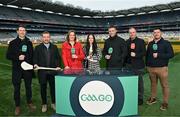 4 December 2023; In attendance at the 2024 GAAGO match schedule launch at Croke Park in Dublin are, from left, Séamus Hickey, Richie Hogan, GAAGo Host Gráinne McElwain, GAAGo sideline reporter Aisling O'Reilly, Eoin Cadogan, GAAGo commentator Mike Finnerty, and John 'Bubbles' O'Dwyer. Fans can avail of 38 exclusive matches in Ireland for €69 up until December 31st&quot;. Photo by Sam Barnes/Sportsfile