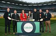 4 December 2023; In attendance at the 2024 GAAGO match schedule launch at Croke Park in Dublin are, from left, Séamus Hickey, Richie Hogan, GAAGo Host Gráinne McElwain, GAAGo sideline reporter Aisling O'Reilly, Eoin Cadogan, GAAGo commentator Mike Finnerty, and John 'Bubbles' O'Dwyer. Fans can avail of 38 exclusive matches in Ireland for €69 up until December 31st&quot;. Photo by Sam Barnes/Sportsfile