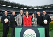 4 December 2023; In attendance at the 2024 GAAGO match schedule launch at Croke Park in Dublin are, from left, Aaron Kernan, GAAGo commentator Mike Finnerty, Michael Murphy, GAAGo Host Gráinne McElwain, GAAGo sideline reporter Aisling O'Reilly, Paddy Andrews and Marc Ó Sé. Fans can avail of 38 exclusive matches in Ireland for €69 up until December 31st&quot;. Photo by Sam Barnes/Sportsfile