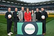 4 December 2023; In attendance at the 2024 GAAGO match schedule launch at Croke Park in Dublin are, from left, Aaron Kernan, GAAGo commentator Mike Finnerty, Michael Murphy, GAAGo Host Gráinne McElwain, GAAGo sideline reporter Aisling O'Reilly, Paddy Andrews and Marc Ó Sé. Fans can avail of 38 exclusive matches in Ireland for €69 up until December 31st&quot;. Photo by Sam Barnes/Sportsfile