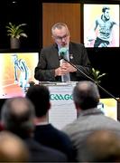 4 December 2023; Uachtarán Chumann Lúthchleas Gael Larry McCarthy speaking at the 2024 GAAGO match schedule launch at Croke Park in Dublin. Fans can avail of 38 exclusive matches in Ireland for €69 up until December 31st&quot;. Photo by Sam Barnes/Sportsfile