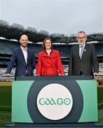 4 December 2023; In attendance at the 2024 GAAGO match schedule launch at Croke Park in Dublin are, from left, Head of GAAGo Noel Quinn, GAAGo Host Gráinne McElwain and Uachtarán Chumann Lúthchleas Gael Larry McCarthy. Fans can avail of 38 exclusive matches in Ireland for €69 up until December 31st&quot;. Photo by Sam Barnes/Sportsfile