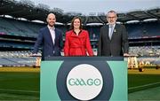 4 December 2023; In attendance at the 2024 GAAGO match schedule launch at Croke Park in Dublin are, from left, Head of GAAGo Noel Quinn, GAAGo Host Gráinne McElwain and Uachtarán Chumann Lúthchleas Gael Larry McCarthy. Fans can avail of 38 exclusive matches in Ireland for €69 up until December 31st&quot;. Photo by Sam Barnes/Sportsfile