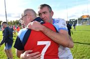 22 October 2023; Man of the Match Johnny Doyle of Allenwood, 45 years old and who made his debut his adult club football championship debut in 1996, celebrates with his manager Noel Mooney after their side's victory in the Kildare County Intermediate Club Football Championship final between Castledermot and Allenwood at Netwatch Cullen Park in Carlow. Photo by Piaras Ó Mídheach/Sportsfile