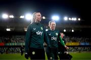 4 December 2023; Louise Quinn and Diane Caldwell, right, during a Republic of Ireland women training session at the National Football Stadium at Windsor Park in Belfast. Photo by Stephen McCarthy/Sportsfile