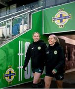 4 December 2023; Denise O'Sullivan, right, and Megan Connolly during a Republic of Ireland women training session at the National Football Stadium at Windsor Park in Belfast. Photo by Stephen McCarthy/Sportsfile