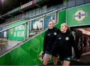 4 December 2023; Denise O'Sullivan, right, and Megan Connolly during a Republic of Ireland women training session at the National Football Stadium at Windsor Park in Belfast. Photo by Stephen McCarthy/Sportsfile