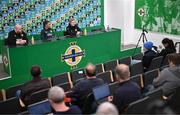 4 December 2023; Interim head coach Eileen Gleeson with Katie McCabe and media officer Gareth Maher during a Republic of Ireland women press conference at the National Football Stadium at Windsor Park in Belfast. Photo by Stephen McCarthy/Sportsfile