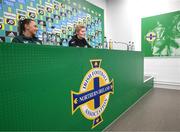 4 December 2023; Interim head coach Eileen Gleeson with Katie McCabe during a Republic of Ireland women press conference at the National Football Stadium at Windsor Park in Belfast. Photo by Stephen McCarthy/Sportsfile