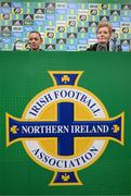 4 December 2023; Interim head coach Eileen Gleeson with Katie McCabe during a Republic of Ireland women press conference at the National Football Stadium at Windsor Park in Belfast. Photo by Stephen McCarthy/Sportsfile