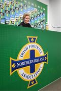 4 December 2023; Interim head coach Eileen Gleeson with Katie McCabe during a Republic of Ireland women press conference at the National Football Stadium at Windsor Park in Belfast. Photo by Stephen McCarthy/Sportsfile