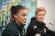 4 December 2023; Katie McCabe and interim head coach Eileen Gleeson during a Republic of Ireland women press conference at the National Football Stadium at Windsor Park in Belfast. Photo by Stephen McCarthy/Sportsfile