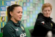 4 December 2023; Katie McCabe and interim head coach Eileen Gleeson during a Republic of Ireland women press conference at the National Football Stadium at Windsor Park in Belfast. Photo by Stephen McCarthy/Sportsfile