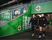 4 December 2023; Hayley Nolan, right, and Courtney Brosnan during a Republic of Ireland women training session at the National Football Stadium at Windsor Park in Belfast. Photo by Stephen McCarthy/Sportsfile