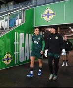 4 December 2023; Katie McCabe and Grace Moloney, right, during a Republic of Ireland women training session at the National Football Stadium at Windsor Park in Belfast. Photo by Stephen McCarthy/Sportsfile