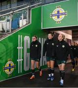 4 December 2023; Players, from left, Jamie Finn, Saoirse Noonan and Lily Agg during a Republic of Ireland women training session at the National Football Stadium at Windsor Park in Belfast. Photo by Stephen McCarthy/Sportsfile