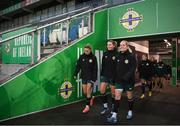 4 December 2023; Players, from left, Jamie Finn, Saoirse Noonan and Lily Agg during a Republic of Ireland women training session at the National Football Stadium at Windsor Park in Belfast. Photo by Stephen McCarthy/Sportsfile