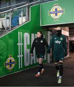 4 December 2023; Diane Caldwell, right, and Lucy Quinn during a Republic of Ireland women training session at the National Football Stadium at Windsor Park in Belfast. Photo by Stephen McCarthy/Sportsfile