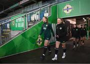 4 December 2023; Freya Healy, right, and Ellen Dolan during a Republic of Ireland women training session at the National Football Stadium at Windsor Park in Belfast. Photo by Stephen McCarthy/Sportsfile