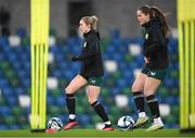 4 December 2023; Megan Connolly and Tyler Toland, right, during a Republic of Ireland women training session at the National Football Stadium at Windsor Park in Belfast. Photo by Stephen McCarthy/Sportsfile