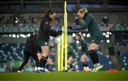 4 December 2023; Abbie Larkin, left, and Diane Caldwell during a Republic of Ireland women training session at the National Football Stadium at Windsor Park in Belfast. Photo by Stephen McCarthy/Sportsfile