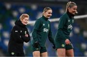 4 December 2023; Interim head coach Eileen Gleeson with Izzy Atkinson and Jessie Stapleton, right, during a Republic of Ireland women training session at the National Football Stadium at Windsor Park in Belfast. Photo by Stephen McCarthy/Sportsfile