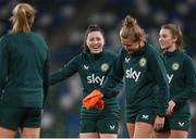 4 December 2023; Lucy Quinn, centre, and Ruesha Littlejohn during a Republic of Ireland women training session at the National Football Stadium at Windsor Park in Belfast. Photo by Stephen McCarthy/Sportsfile