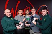 5 December 2023; Virgin Media has been announced as the title partner of the Football Association of Ireland’s Esports programme, including the ELOI which will now be titled the Virgin Media ELOI. Pictured during the announcement at Macken House in Dublin are, from left, E Republic of Ireland player Eric Finn, Virgin Media Ireland vice president of commercial Paul Higgins, Roberto Lopes of Shamrock Rovers, FAI partnerships manager Conor Cullen and E Republic of Ireland player Ciaran Walsh. Photo by Brendan Moran/Sportsfile