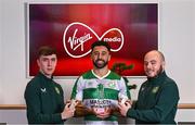 5 December 2023; Virgin Media has been announced as the title partner of the Football Association of Ireland’s Esports programme, including the ELOI which will now be titled the Virgin Media ELOI. Pictured during the announcement at Macken House in Dublin are, from left, E Republic of Ireland player Ciaran Walsh, Roberto Lopes of Shamrock Rovers and E Republic of Ireland player Eric Finn. Photo by Brendan Moran/Sportsfile