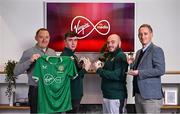 5 December 2023; Virgin Media has been announced as the title partner of the Football Association of Ireland’s Esports programme, including the ELOI which will now be titled the Virgin Media ELOI. Pictured during the announcement at Macken House in Dublin are, from left, Virgin Media Ireland vice president of commercial Paul Higgins, E Republic of Ireland player Ciaran Walsh, E Republic of Ireland player Eric Finn and FAI partnerships manager Conor Cullen. Photo by Brendan Moran/Sportsfile