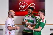 5 December 2023; Virgin Media has been announced as the title partner of the Football Association of Ireland’s Esports programme, including the ELOI which will now be titled the Virgin Media ELOI. Pictured during the announcement at Macken House in Dublin are, from left, E Republic of Ireland player Eric Finn, Roberto Lopes of Shamrock Rovers and E Republic of Ireland player Ciaran Walsh. Photo by Brendan Moran/Sportsfile
