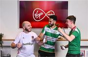 5 December 2023; Virgin Media has been announced as the title partner of the Football Association of Ireland’s Esports programme, including the ELOI which will now be titled the Virgin Media ELOI. Pictured during the announcement at Macken House in Dublin are, from left, E Republic of Ireland player Eric Finn, Roberto Lopes of Shamrock Rovers and E Republic of Ireland player Ciaran Walsh. Photo by Brendan Moran/Sportsfile