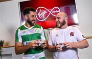5 December 2023; Virgin Media has been announced as the title partner of the Football Association of Ireland’s Esports programme, including the ELOI which will now be titled the Virgin Media ELOI. Pictured during the announcement at Macken House in Dublin are Roberto Lopes of Shamrock Rovers, left, and E Republic of Ireland player Eric Finn. Photo by Brendan Moran/Sportsfile
