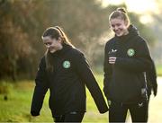 5 December 2023; Republic of Ireland's Caitlin Hayes and Tyler Toland, left, during a pre-match walk near their team hotel before the UEFA Women's Nations League B match between Northern Ireland and Republic of Ireland at the National Football Stadium at Windsor Park in Belfast. Photo by Stephen McCarthy/Sportsfile