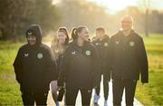 5 December 2023; Republic of Ireland players, from left, Grace Moloney, Katie McCabe and Louise Quinn during a pre-match walk near their team hotel before the UEFA Women's Nations League B match between Northern Ireland and Republic of Ireland at the National Football Stadium at Windsor Park in Belfast. Photo by Stephen McCarthy/Sportsfile