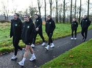 5 December 2023; Republic of Ireland's Jamie Finn and Saoirse Noonan, left, during a pre-match walk near their team hotel before the UEFA Women's Nations League B match between Northern Ireland and Republic of Ireland at the National Football Stadium at Windsor Park in Belfast. Photo by Stephen McCarthy/Sportsfile